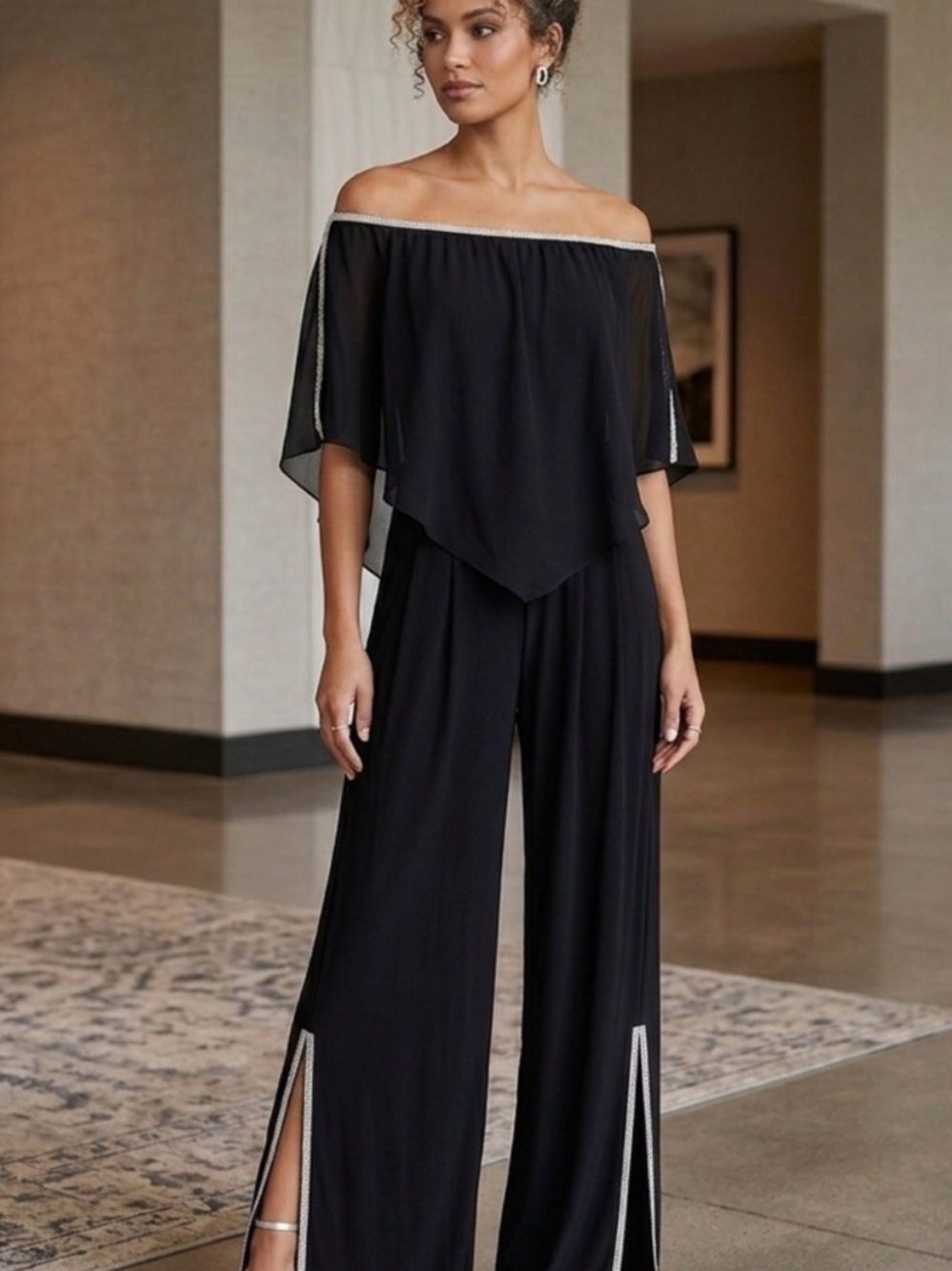 NWT Off-Shoulder (or on) Black Wide-Leg Jumpsuit with Sparkle Trim. Elegant